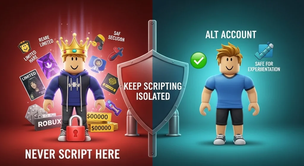 Delta Key 5 Illustration emphasizing safety: a main Roblox account with rare items locked away and a separate alternate account used for scripting, with a shield symbol.