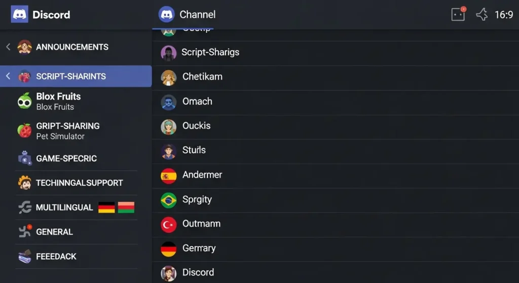 Discord Server 6 Screenshot-style illustration of Delta Executor Discord server channels including announcements, script sharing, technical support, multilingual rooms, and feedback.