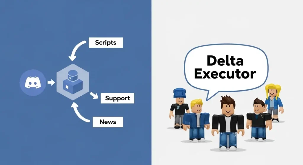 Discord Server 1 Infographic showing the Delta Executor Discord server as a central hub for Roblox scripts, technical support, and update news.
