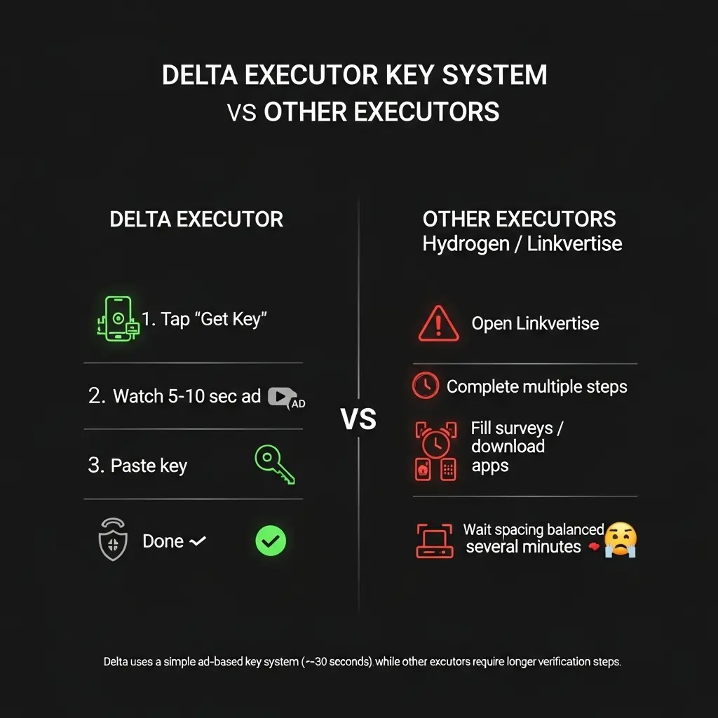 Delta Executor key system vs Linkvertise process comparison showing faster 30-second access