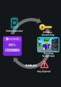 Delta Key 1 Flowchart showing the daily Delta Executor key cycle: user requests key, goes through Linkvertise ads and captcha, receives a 24-hour key, runs scripts, and repeats after expiry.