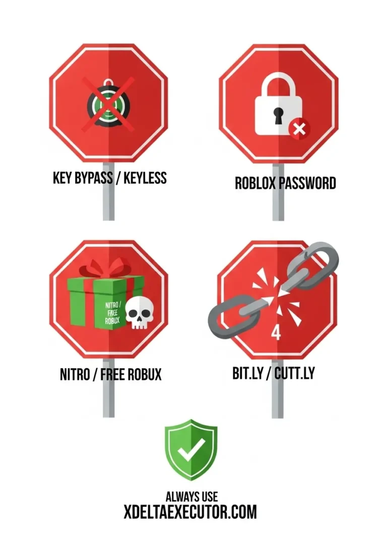 Discord Server 8 Four red flags to spot fake Delta Executor Discord servers: key bypass promises, password requests, Nitro scams, and suspicious shortened links.