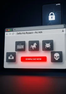 Delta Key 2 Warning image of a fake key bypass website with a large download button and hidden malware symbols, highlighting the risk of keyloggers and trojans.