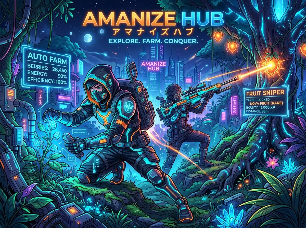 Delta Executor Scripts 35 Amanize Hub futuristic farming and fruit sniper Roblox interface
