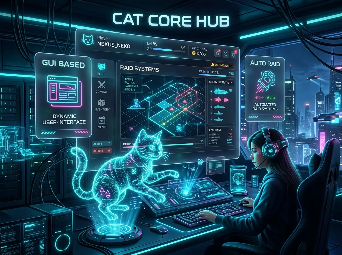 Delta Executor Scripts 34 Cat Core Hub GUI-based Roblox scripts with auto raid features