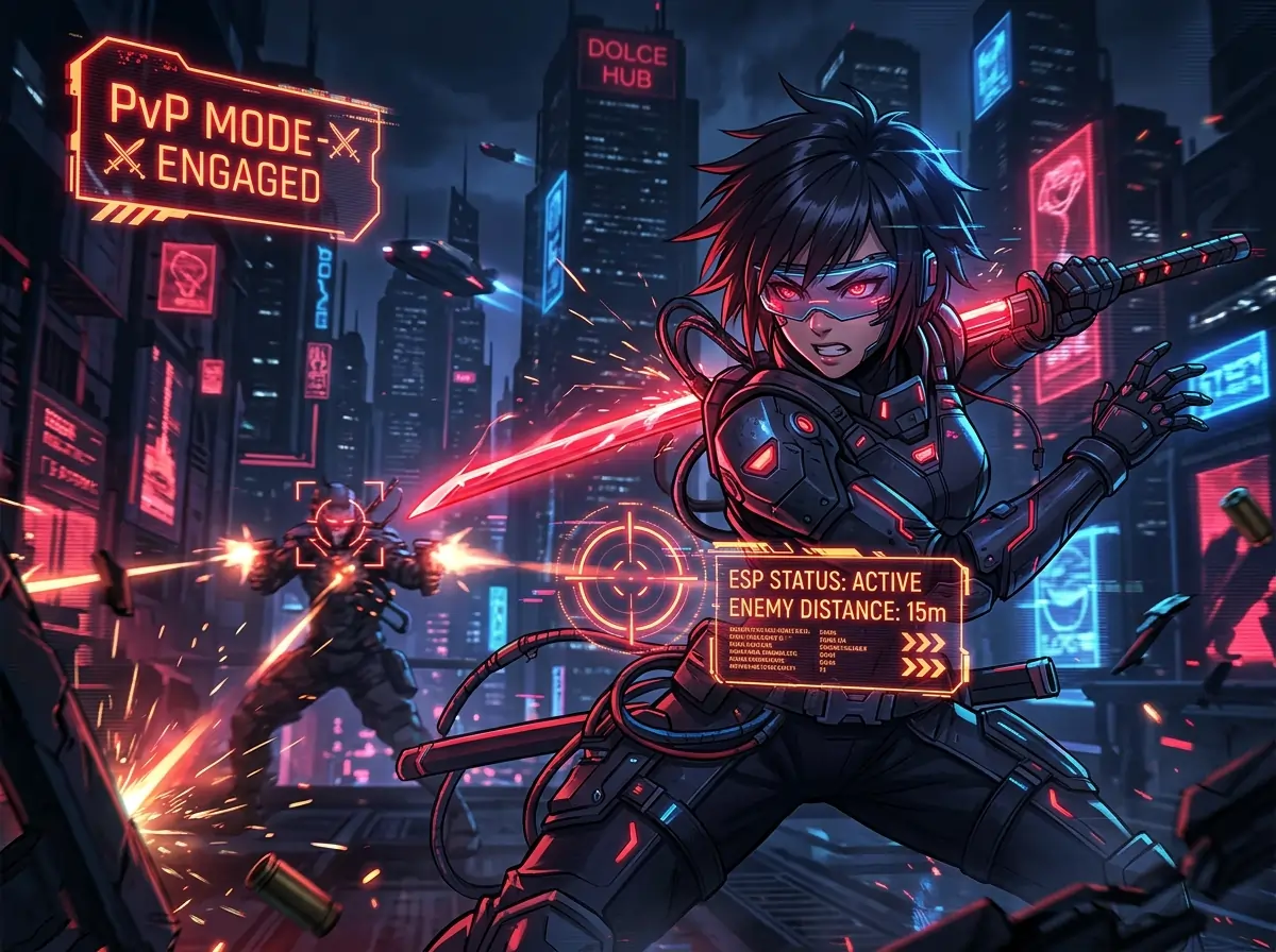 Delta Executor Scripts 36 Dolce Hub cyberpunk PvP and ESP gaming interface
