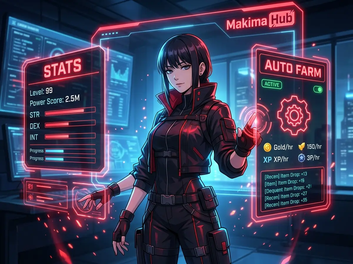 Delta Executor Scripts 37 Makima Hub anime-inspired Roblox interface with auto farm and stats