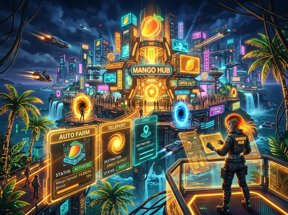 Delta Executor Scripts 38 Mango Hub tropical cyberpunk Roblox scripts with auto farm and teleport