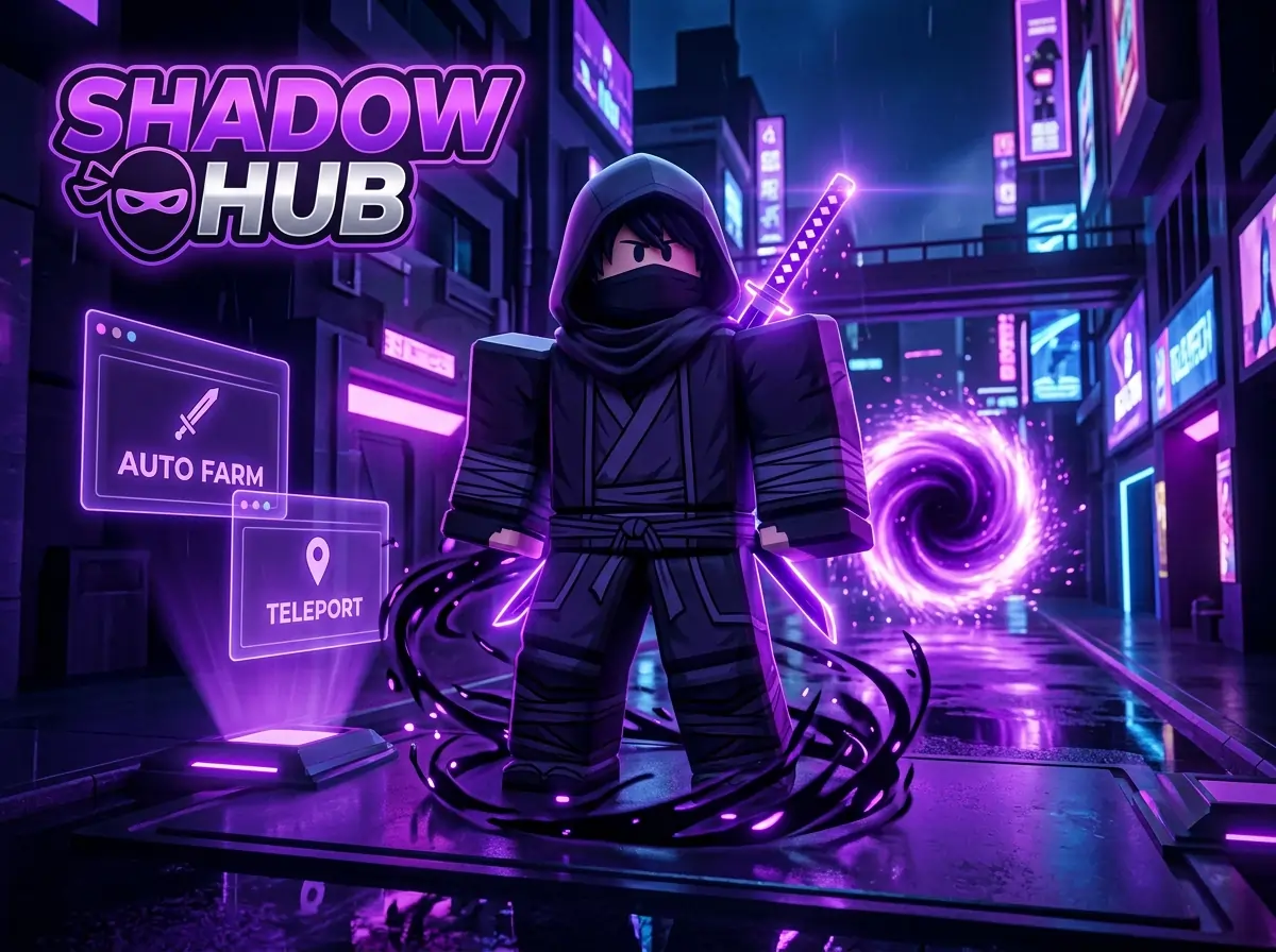 Delta Executor Scripts 33 Shadow Hub dark cyberpunk Roblox interface with auto farm and teleport
