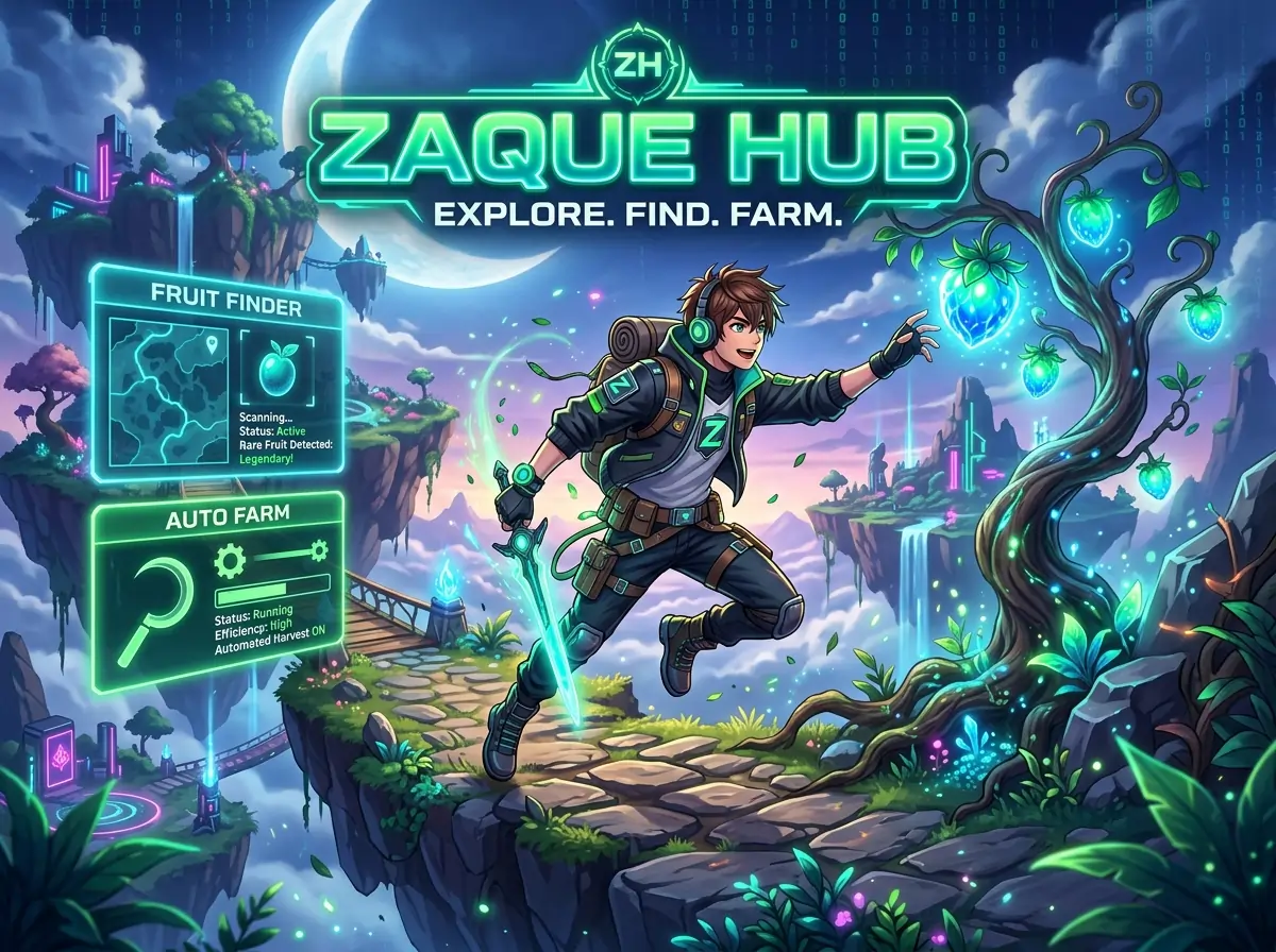 Delta Executor Scripts 39 Zaque Hub futuristic fruit finder and auto farm Roblox interface