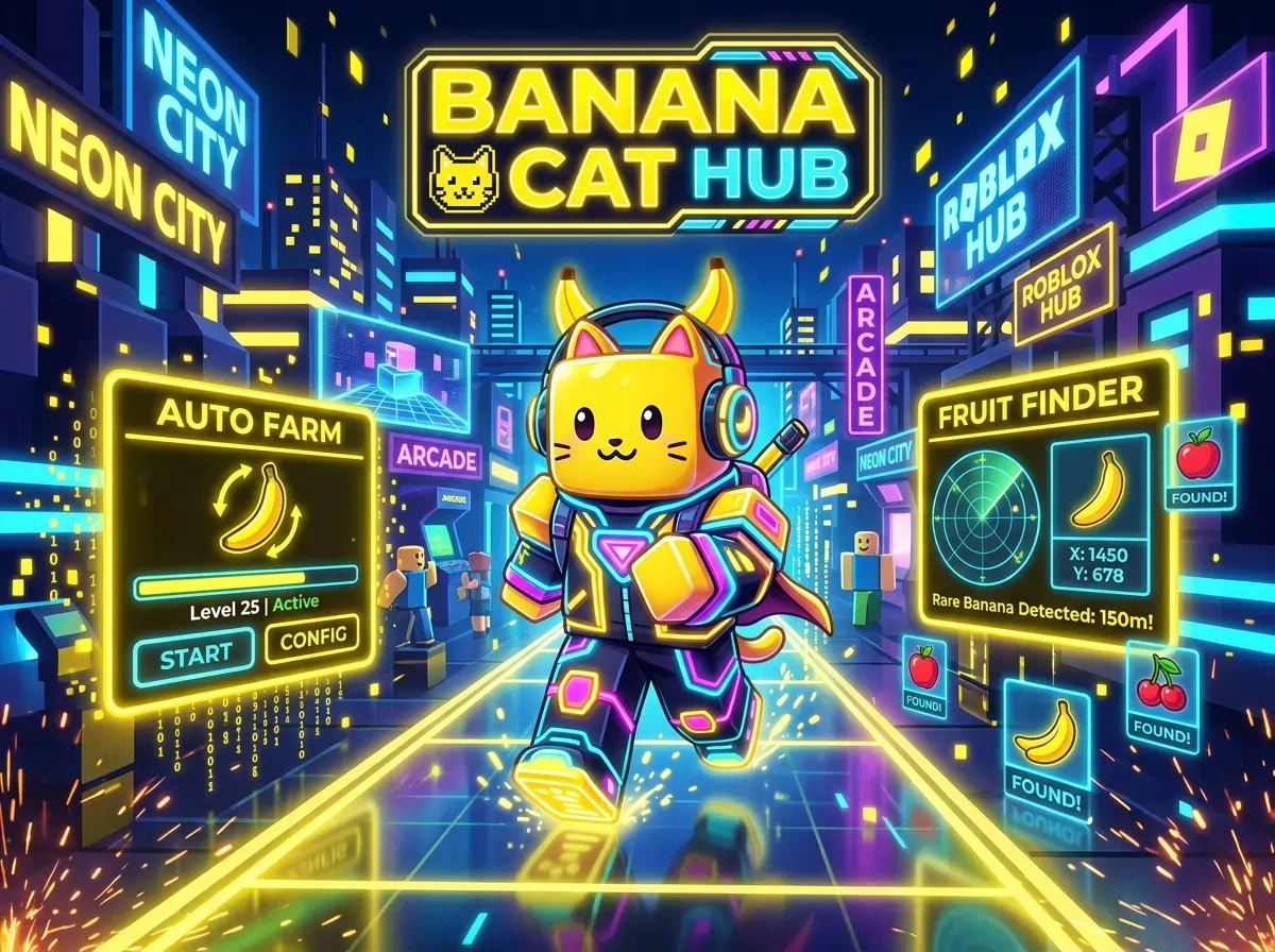 Delta Executor Scripts 29 Banana Cat Hub futuristic Roblox script dashboard with auto farm and fruit finder