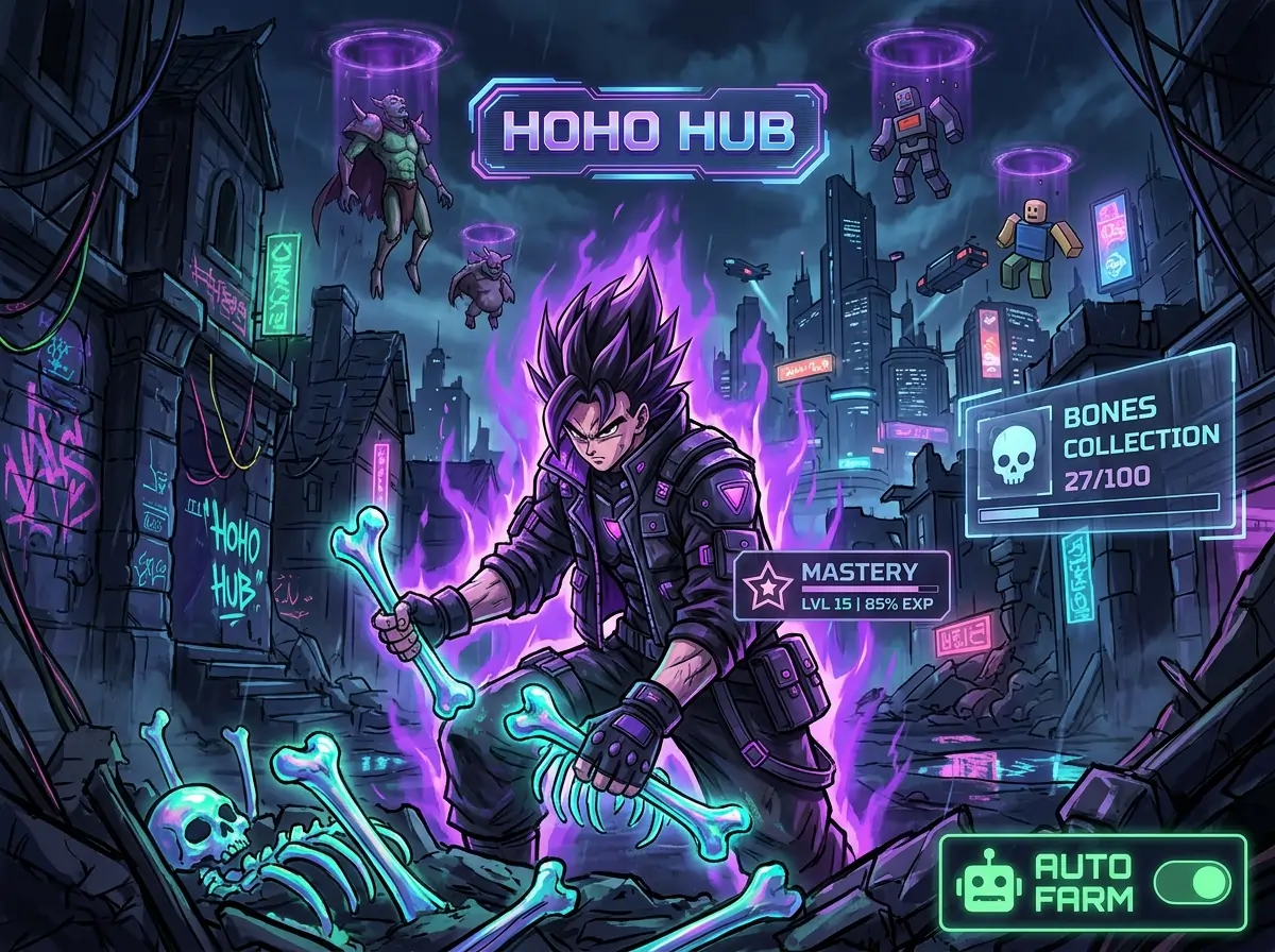 Delta Executor Scripts 27 Hoho Hub gaming interface with auto farm, mastery, and bones collection features