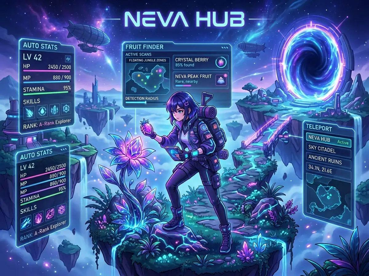 Delta Executor Scripts 26 Neva Hub Roblox scripts with auto stats, fruit finder, and teleport system