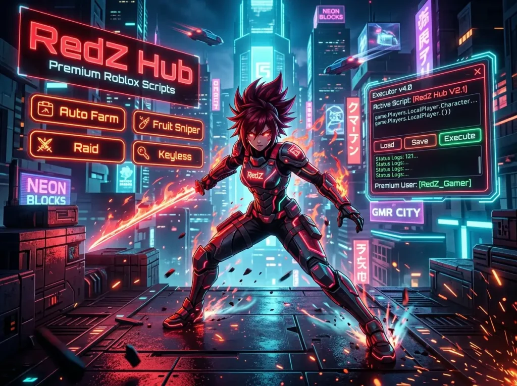 Delta Executor Scripts 25 RedZ Hub futuristic Roblox script interface with auto farm, fruit sniper, raid, and keyless features